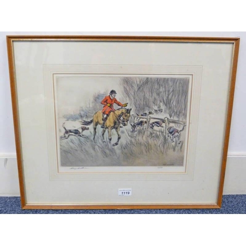 1119 - HENRY WILKINSON,  OVER THE FENCE,   FRAME COLOUR ETCHING SIGNED, 12/ 150 34CM X 24 CM