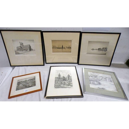 1120 - 6 FRAMED ENGRAVINGS AND ETCHINGS TO INCLUDE: DAVID ADAM -  ON RIVER STREET BRECHIN,  JAMES MACINTYRE... 
