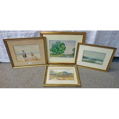 1124 - 4 FRAMED WATERCOLOURS TO INCLUDE: GB MCVAY - WALKING ON THE BEACH, R HOBSON - HIGHLAND SCENE & 2 OTH... 