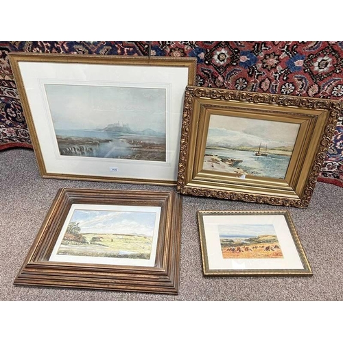 1126 - 4 FRAMED WATERCOLOUR TO INCLUDE ROBERT W ALLEN - TENDING TO THE FIELDS, G MORRIS - BOATS IN THE BAY ... 
