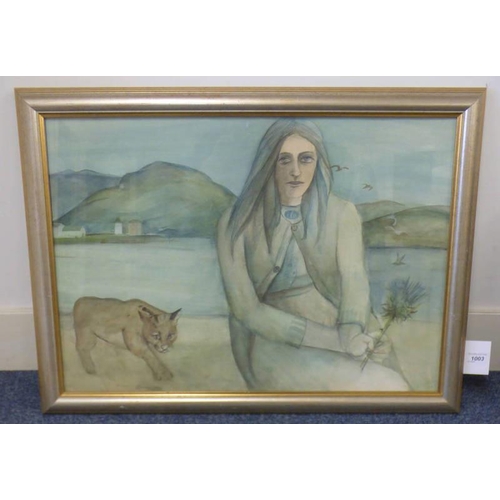 1133 - JOYCE W CAIRNS - (ARR) ,  LADY AND THE PUMA SIGNED FRAMED WATERCOLOUR 19 X 27 CM