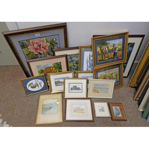 1138 - LARGE SELECTION OF FRAMED EMBROIDERY, WATERCOLOUR, PRINTS ETC LARGEST 37 CM X 47 CM