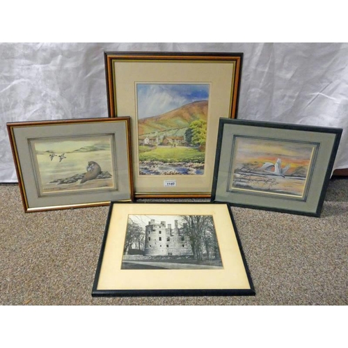 1140 - ROBERT HAWRIDGE,  EVENING FLIGHT AND OTTER WITH EEL,  FRAMED WATER COLOURS SIGNED TOGETHER WITH 2 OT... 