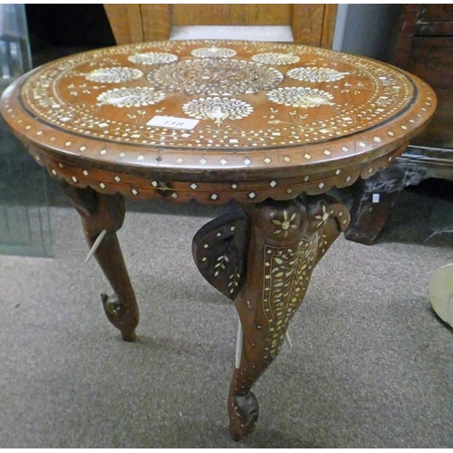118 - ANGLO-INDIAN HARDWOOD TABLE WITH DECORATIVE BONE INLAY ON CARVED ELEPHANTS HEAD SUPPORTS, DIAMETER 4... 