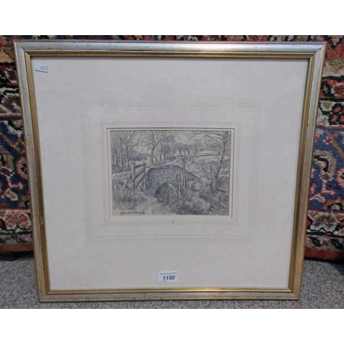 1190 - JAMES MCINTOSH PATRICK,  NEWAR LITTLETON,  SIGNED GILT FRAMED PENCIL DRAWING  16CM X 22CM