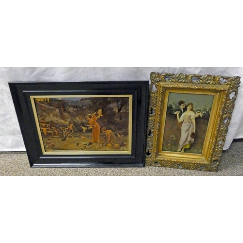 1191 - 2 FRAMED CRYSTOLEUMS: YOUNG LOVERS & LADIES FEEDING BIRDS  16 CM X 25 CM & 34 CM X 23 CM