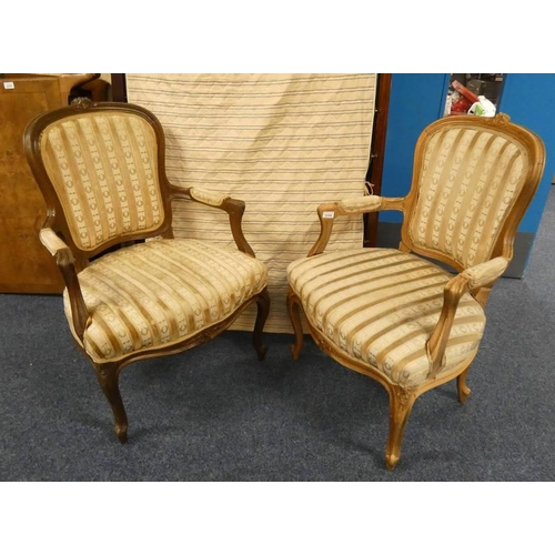 126 - PAIR OF 19TH CENTURY WALNUT FRAMED FRENCH OPEN ARMCHAIRS ON DECORATIVE CABRIOLE SUPPORTS