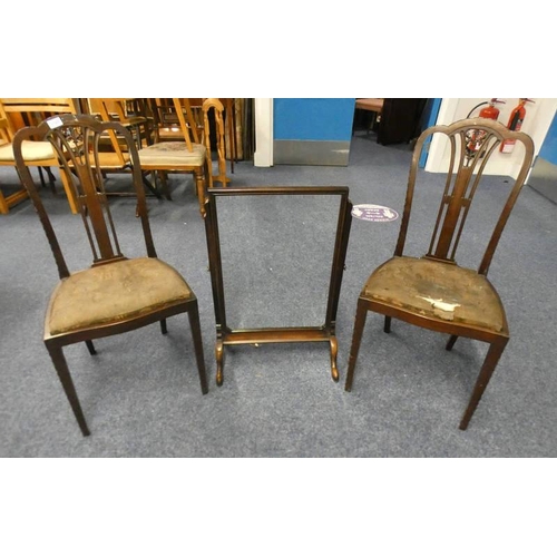 133 - 19TH CENTURY MAHOGANY DRESSING TABLE MIRROR AND PAIR OF MAHOGANY HAND CHAIRS ON SQUARE SUPPORTS