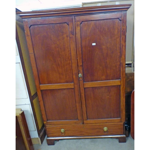 134 - MAHOGANY 2 DOOR WARDROBE WITH BRASS LION MASK HANDLES OF DRAWER TO BASE ON BRACKET SUPPORTS 190CM TA... 