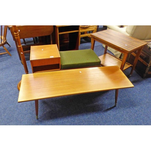 142 - TEAK PHONE SEAT WITH SINGLE DRAWER ON TAPERED SUPPORTS AND MAHOGANY STANDARD LAMP ETC.