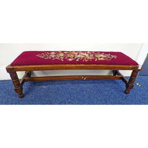 145 - EARLY 20TH CENTURY OAK ARTS & CRAFTS STYLE STOOL WITH TAPESTRY TOP, LENGTH 99CM