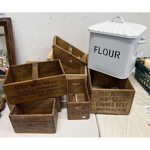 1452 - ENAMEL FLOUR BIN, FRAY BENTOS CORNED BEEF WOODEN BOX, HENRY JAMESON BOX ETC