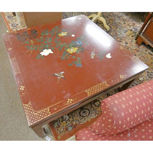 161 - EASTERN RED LACQUER & GILT LOW SQUARE COFFEE TABLE WITH PAINTED FLORAL DECORATION TO TOP 92CM WIDE