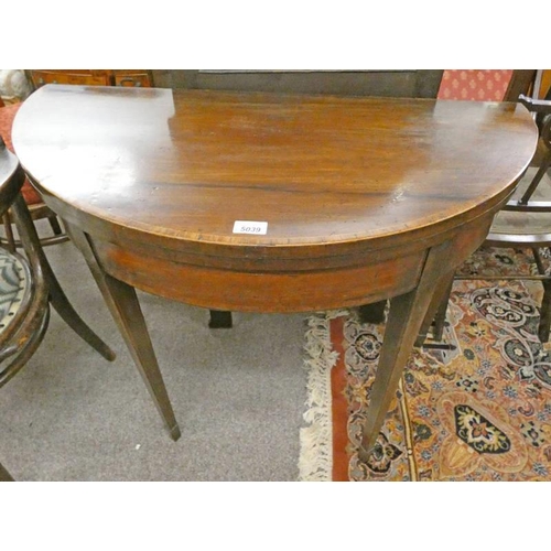 181 - LATE 19TH CENTURY MAHOGANY FLIP TOP GAMES TABLE WITH DECORATIVE BOXWOOD INLAY ON SQUARE TAPERED SUPP... 