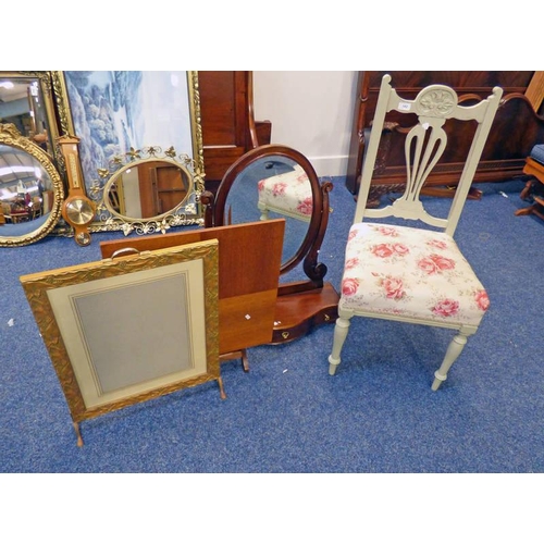 182 - PAINTED CHAIR ON TURNED SUPPORTS, GILT FRAMED FIRE SCREEN, MAHOGANY DRESSING TABLE MIRROR, ETC