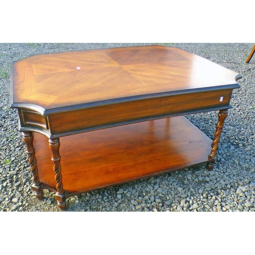 183 - MAHOGANY COFFEE TABLE WITH SHAPED TOP AND 2 DRAWERS ON BARLEY TWIST SUPPORTS 100CM LONG