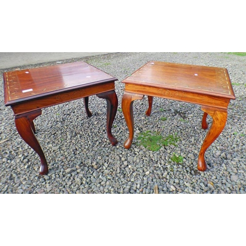 186 - PAIR OF EASTERN HARDWOOD SQUARE COFFEE TABLES WITH DECORATIVE BRASS INLAY ON QUEEN ANNE SUPPORTS 50C... 