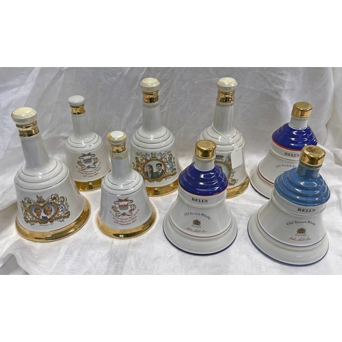 2070 - 8 BELLS COMMEMORATIVE DECANTERS INCLUDING QUEEN MOTHERS 90TH, PRINCE WILLIAM, PRINCE CHARLES & DIANA... 