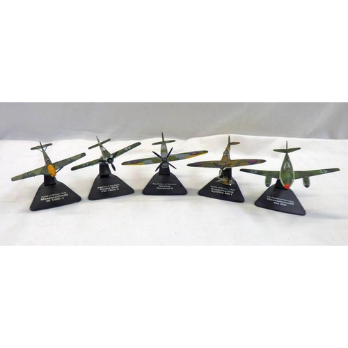 2160 - FIVE ATLAS EDITION MODEL WWII AIRCRAFT ON STANDS INCLUDING SUPERMARINE SPITFIRE MK1, MESSERSHMITT BF... 