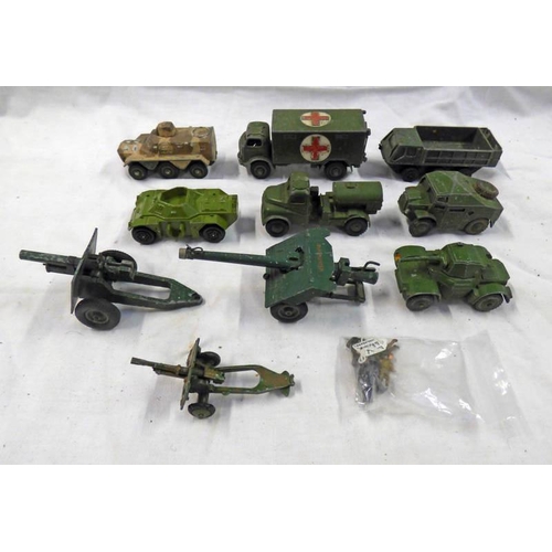 2173 - SELECTION OF PLAYWORN MILITARY RELATED MODEL VEHICLES INCLUDING MILITARY AMBULANCE, FIELD ARTILLERY ... 