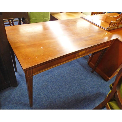 229 - 19TH CENTURY INLAID MAHOGANY CENTRE TABLE ON SQUARE SUPPORTS, 75CM TALL X 131CM WIDE