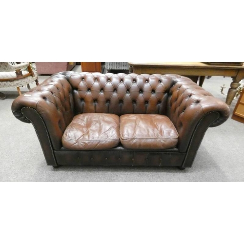 235 - OVERSTUFFED BROWN LEATHER CHESTERFIELD 2 SEATER SETTEE