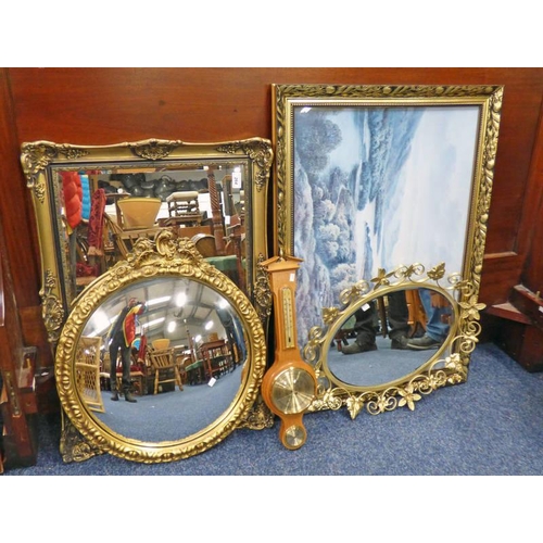 264 - 3 FRAMED MIRRORS, GILT FRAMED PRINT OF A HIGHLAND SCENE & BAROMETER