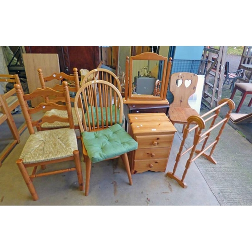 265 - PAIR PINE STICK BACK CHAIRS, PINE 3 DRAWER BEDSIDE CHEST, PINE TOWEL RAIL ETC