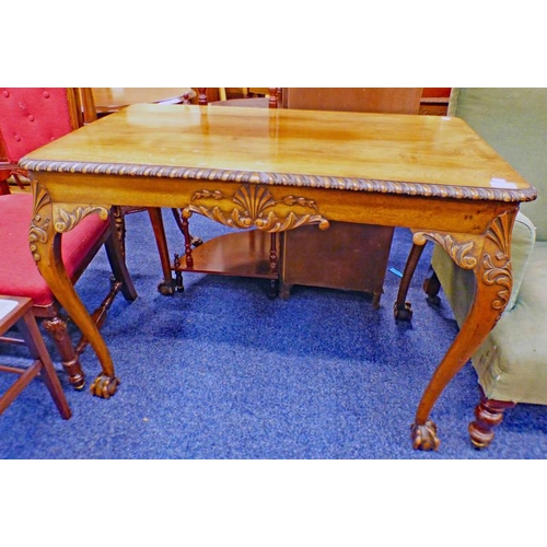 283 - 19TH CENTURY STYLE MAHOGANY CENTRE TABLE ON DECORATED BALL & CLAW SUPPORTS 99CM LONG