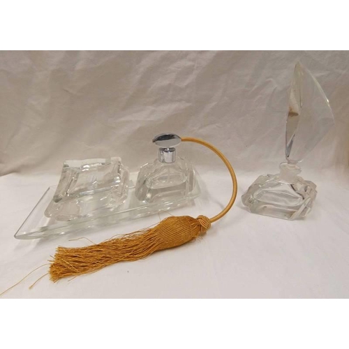 3081 - ARTS & CRAFTS STYLE CUT GLASS SCENT BOTTLE (A/F) SCENT SPRAY, PORCELAIN LIDDED POT, VARIOUS TEASPOON... 