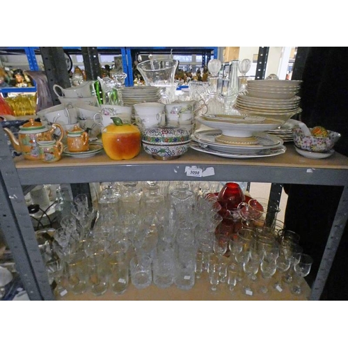 3098 - VARIOUS PORCELAIN TEAWARE & DINNER WARE SELECTION CUT GLASSWARE, CLOISONNE WARE, ETC OVER 2 SHELVES