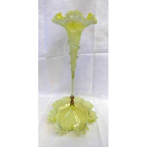 3105 - EARLY 20TH CENTURY VASELINE GLASS EPERGNE WITH CENTRAL TRUMPET SHAPED STEM  -  45 CM TALL