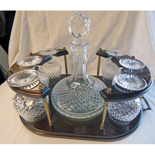 3108 - EARLY 20TH CENTURY MAHOGANY CUT GLASS DECANTER WITH ACCOMPANYING GLASS STAND WITH 6 GLASSES,