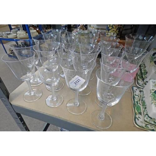 3123 - 23 STEMMED GLASSES BY LALIQUE ALL SIGNED, 7 WATER, 8 RED WINE, 8 WHITE WINE