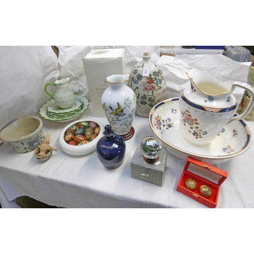 3140 - EWER AND BASIN SET, ART POTTERY FLAGON, FRANKLIN PORCELAIN VAE AND STAND, CHINESE BALLS, POTTERY ETC