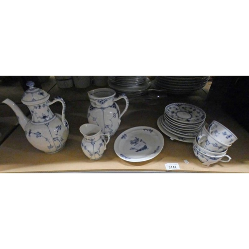 3147 - SELECTION ROYAL COPENHAGEN COFFEE POT JUG, PLATES, CUPS AND SAUCERS ETC ON ONE SHELF