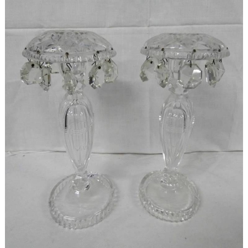 3172 - PAIR OF CUT GLASS CANDLESTICKS WITH FACETED DROPS