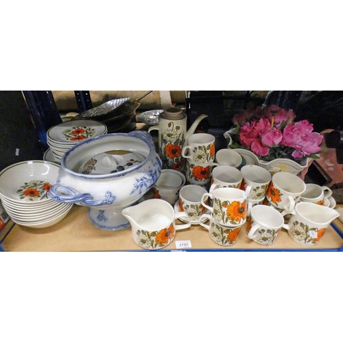 3190 - J & G MEAKIN PORCELAIN DINNERWARE & VARIOUS OTHER PORCELAIN ON 1 SHELF