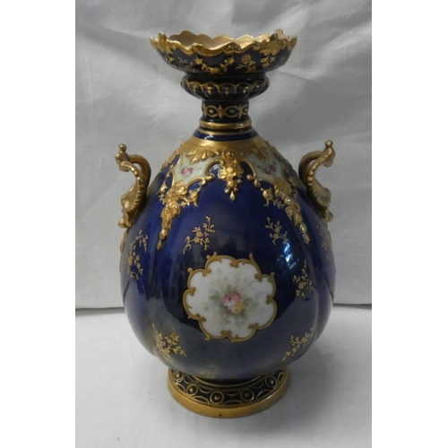 3252 - NAUTILUS PORCELAIN TWIN HANDLED VASE WITH GILT  AND FLORAL DECORATIONS THROUGHOUT  27 CM TALL