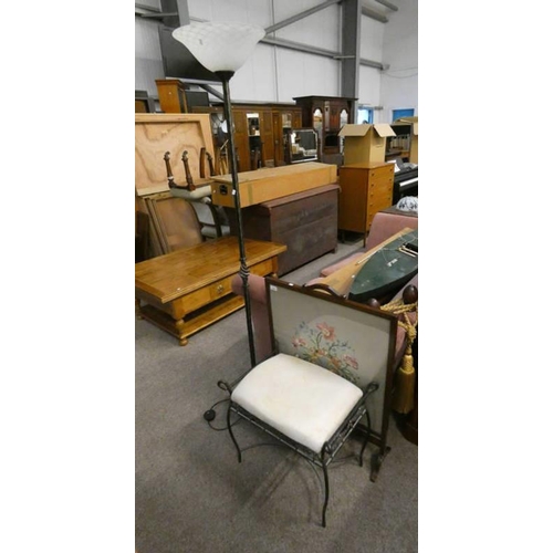 329 - WROUGHT METAL STANDARD LAMP WITH GLASS SHADE, WROUGHT METAL PIANO STOOL AND MAHOGANY FIRE SCREEN