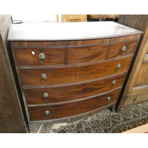 331 - 19TH CENTURY MAHOGANY BOW FRONT CHEST OF 3 SHORT OVER 3 LONG GRADUATED DRAWERS WITH LION MASK HANDLE... 