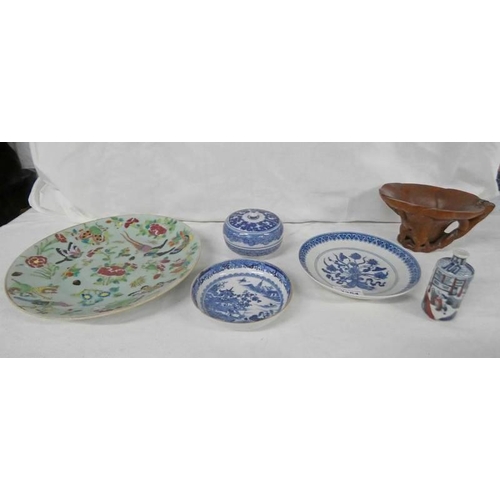 3354 - SELECTION OF CHINESE PLATES, ONE DECORATED WITH BIRDS AND FLOWERS, MINIATURE VASE, LIDDED DISH, TOGE... 