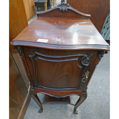 343 - LATE 19TH CENTURY CARVED MAHOGANY SINGLE DOOR BEDSIDE CABINET ON CABRIOLE SUPPORTS, 77CM TALL X 39CM... 