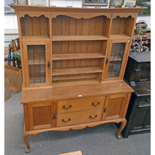 364 - LATE 19TH CENTURY STYLE OAK DRESSER WITH SHELF BACK & 2 LEADED GLASS PANEL DOORS OVER BASE OF 2 CENT... 