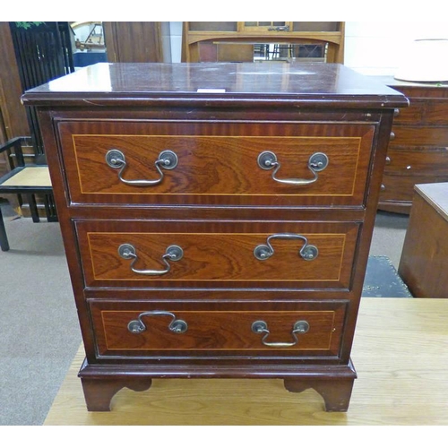 498 - INLAID MAHOGANY CHEST OF 3 DRAWERS ON BRACKET SUPPORTS, 64CM TALL X 53CM WIDE