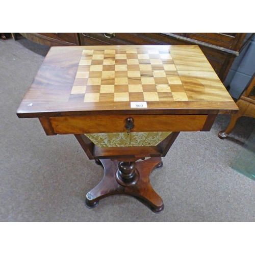 503 - 19TH CENTURY MAHOGANY PEDESTAL GAMES TABLE WITH SINGLE DRAWER, 68CM TALL X 52CM WIDE