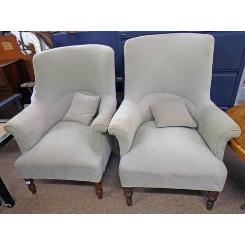 504 - PAIR OF 20TH CENTURY STYLE OVERSTUFFED ARMCHAIRS ON TURNED MAHOGANY SUPPORTS