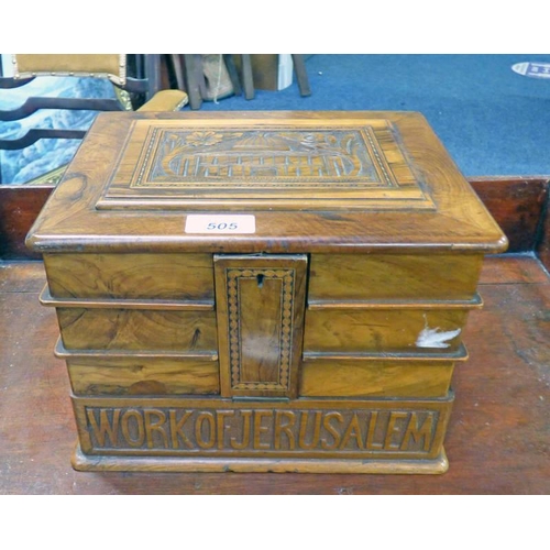 505 - CARVED WALNUT JEWELLERY BOX WITH LIFT-TOP OPENING TO FITTED INTERIOR FROM JERUSALEM