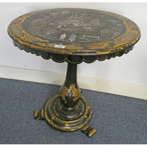 508 - BLACK LACQUER & GILT CIRCULAR PEDESTAL TABLE WITH DECORATIVE EASTERN MOTHER OF PEARL DECORATION, DIA... 