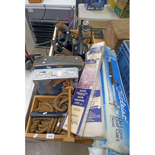51W - BOXES OF TOOLS, WALKING STICKS, CARRIAGE LAMPS, BLACK PHONE, ETC